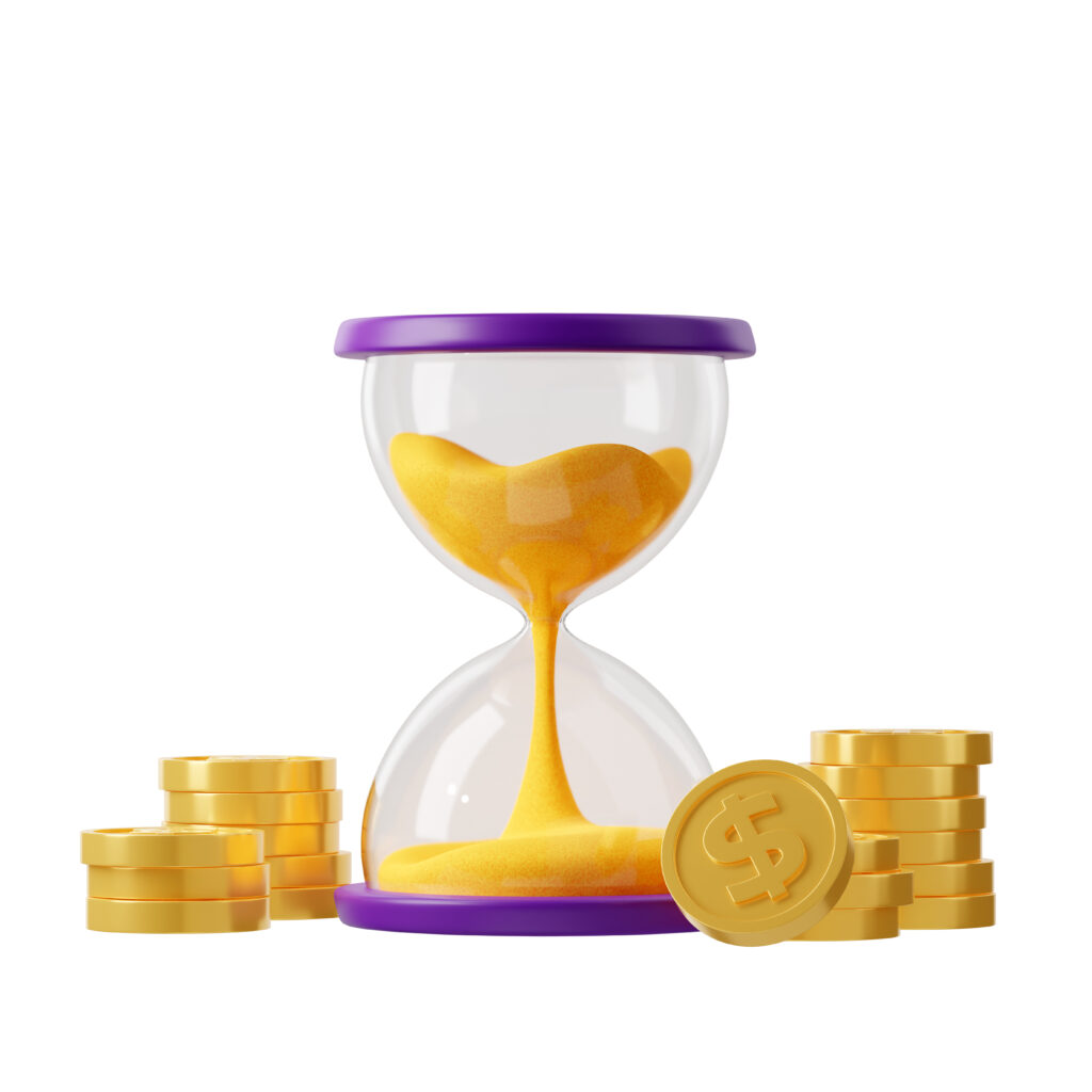 3d render hourglass with falling sand and gold coins. Time is money, income, investment finance success, patience, business capital increasing concept. Isolated illustration in cartoon plastic style